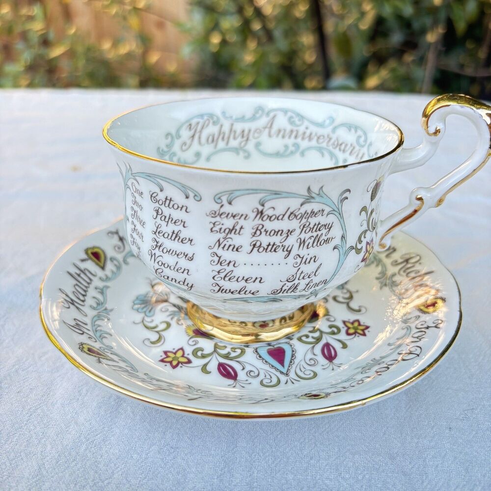 Paragon Happy Anniversary China Teacup & Saucer Marriage Vows Love Birds c.1963